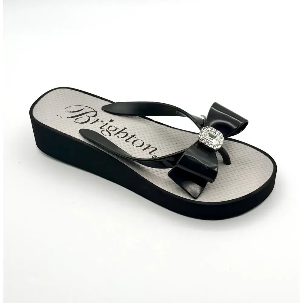 BRIGHTON Women Size 7 Sandals Black Bow BOWIE Platform Wedge W/ Bling Flip flop
